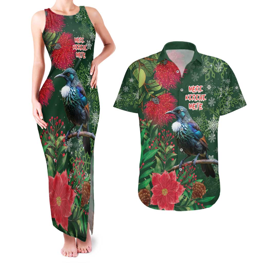 Tui Meri Kirihimete Personalised Couples Matching Tank Maxi Dress and Hawaiian Shirt Pohutukawa Flowers Green Motif - Aussie Hoodie