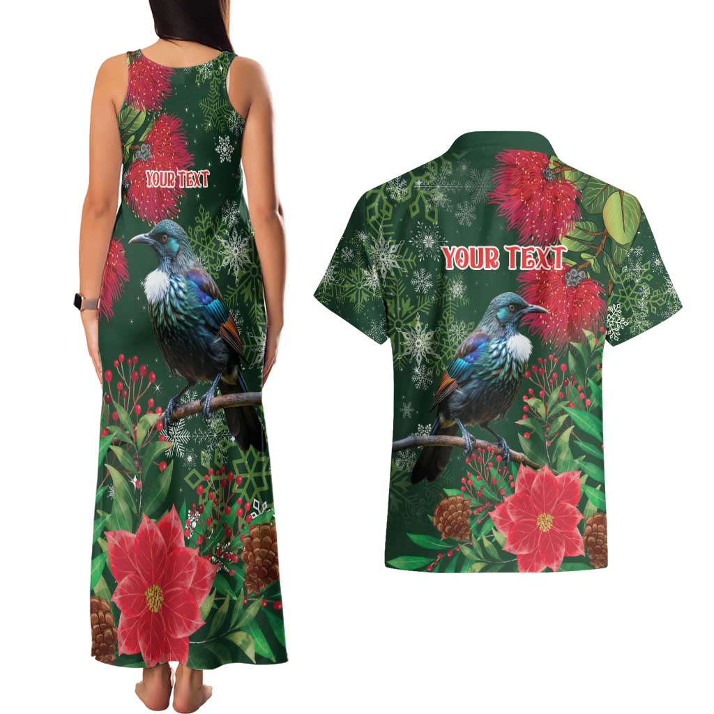 Tui Meri Kirihimete Personalised Couples Matching Tank Maxi Dress and Hawaiian Shirt Pohutukawa Flowers Green Motif - Aussie Hoodie