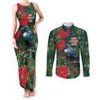 Tui Meri Kirihimete Personalised Couples Matching Tank Maxi Dress and Long Sleeve Button Shirt Pohutukawa Flowers Green Motif - Aussie Hoodie