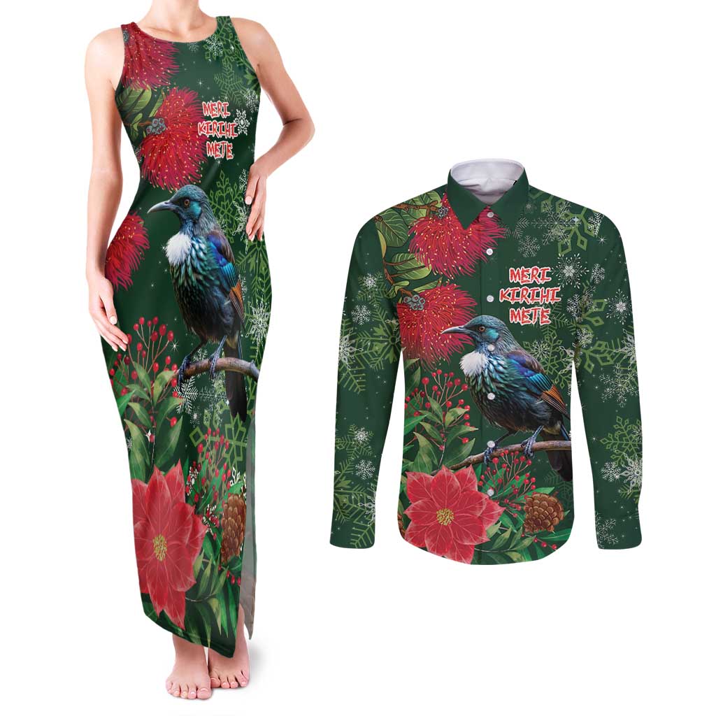 Tui Meri Kirihimete Personalised Couples Matching Tank Maxi Dress and Long Sleeve Button Shirt Pohutukawa Flowers Green Motif - Aussie Hoodie