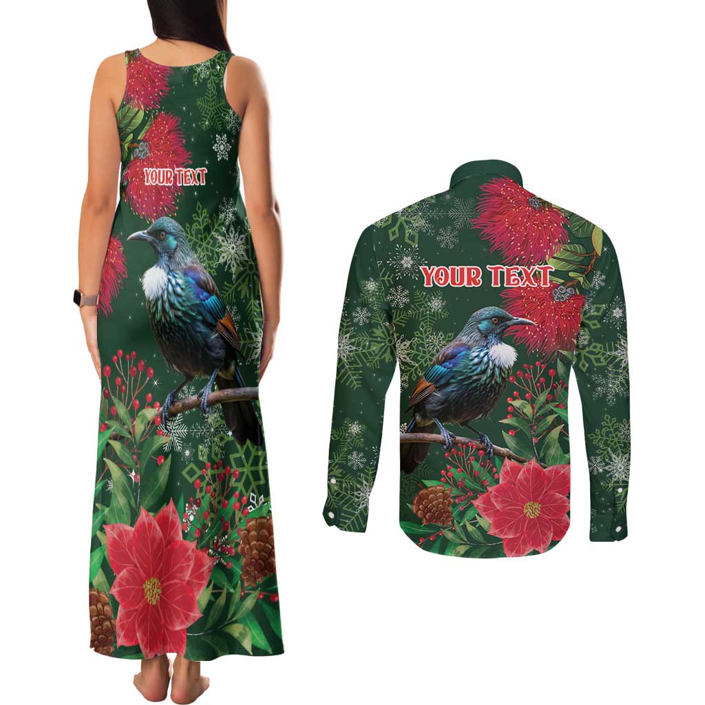 Tui Meri Kirihimete Personalised Couples Matching Tank Maxi Dress and Long Sleeve Button Shirt Pohutukawa Flowers Green Motif - Aussie Hoodie