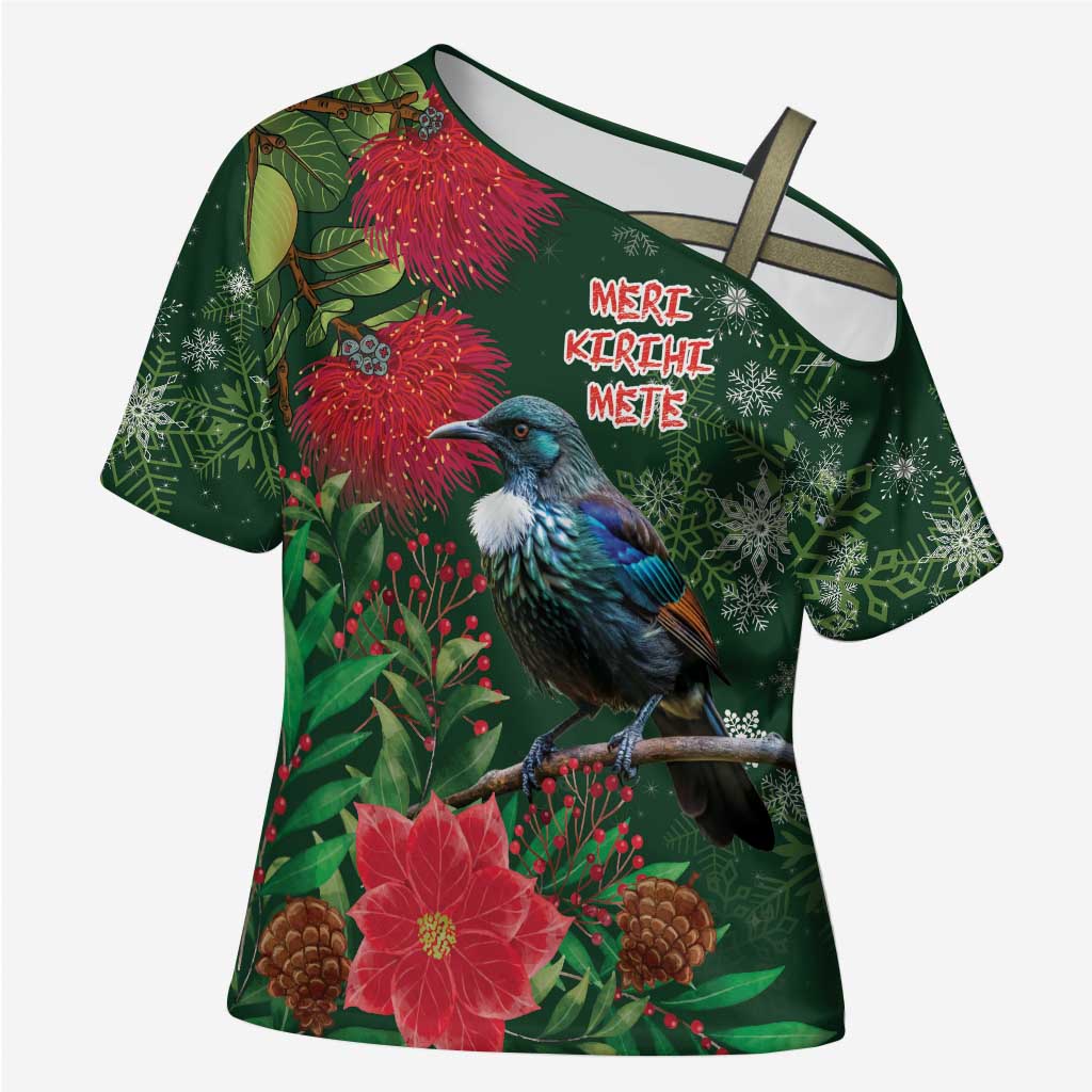 Tui Meri Kirihimete Personalised Cross Shoulder Shirt Pohutukawa Flowers Green Motif - Aussie Hoodie