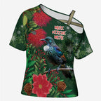 Tui Meri Kirihimete Personalised Cross Shoulder Shirt Pohutukawa Flowers Green Motif - Aussie Hoodie