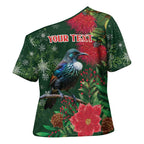 Tui Meri Kirihimete Personalised Cross Shoulder Shirt Pohutukawa Flowers Green Motif - Aussie Hoodie