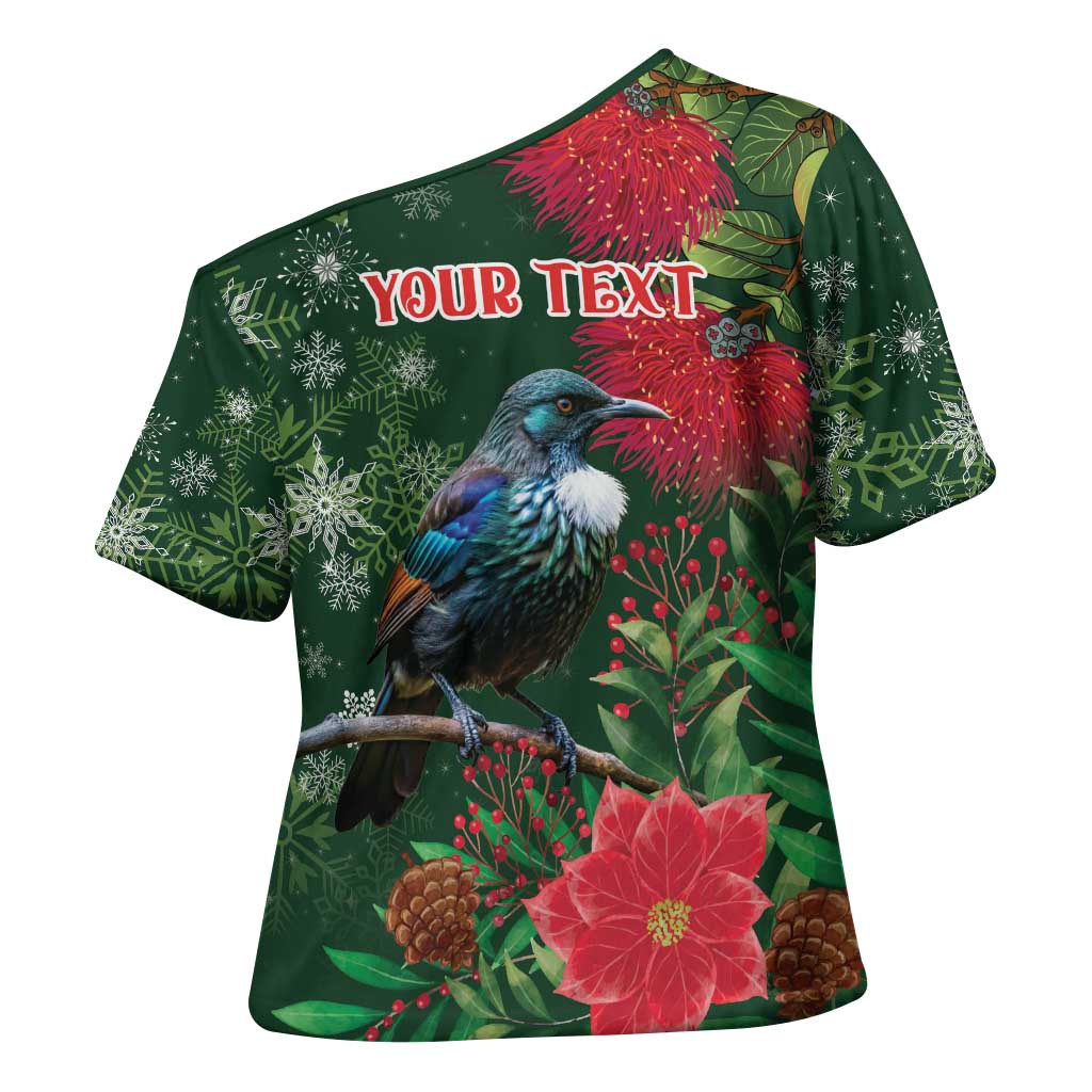 Tui Meri Kirihimete Personalised Cross Shoulder Shirt Pohutukawa Flowers Green Motif - Aussie Hoodie