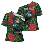 Tui Meri Kirihimete Personalised Cross Shoulder Shirt Pohutukawa Flowers Green Motif - Aussie Hoodie