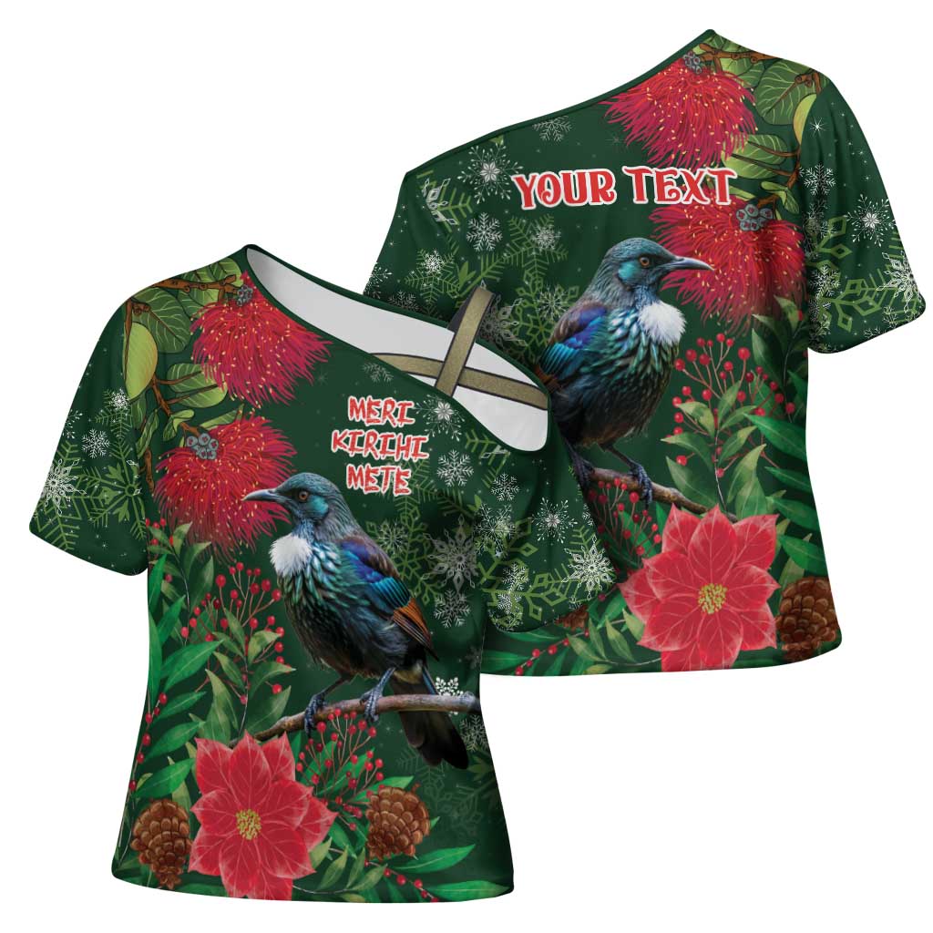 Tui Meri Kirihimete Personalised Cross Shoulder Shirt Pohutukawa Flowers Green Motif - Aussie Hoodie