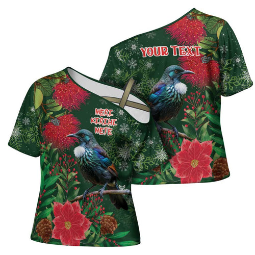 Tui Meri Kirihimete Personalised Cross Shoulder Shirt Pohutukawa Flowers Green Motif - Aussie Hoodie