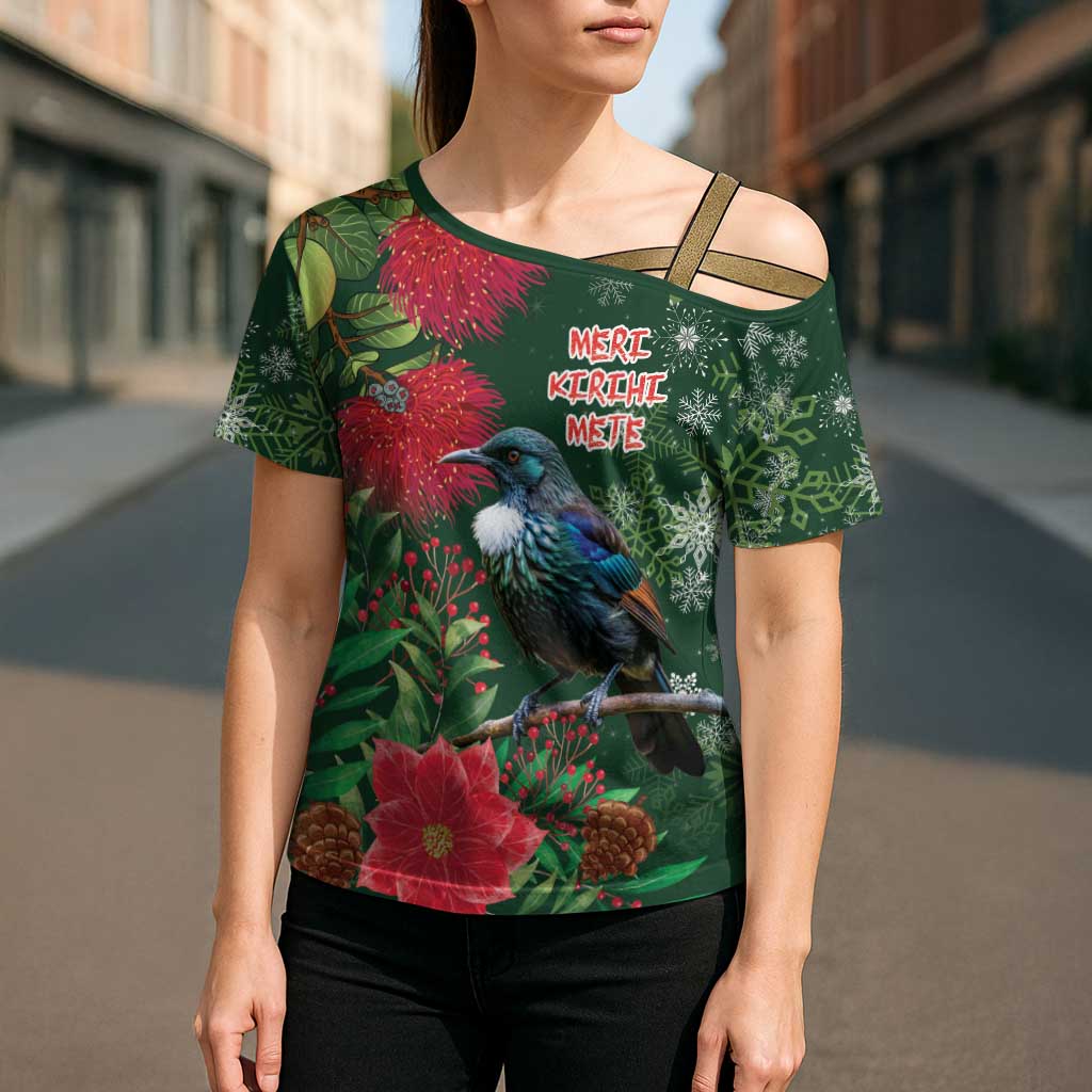 Tui Meri Kirihimete Personalised Cross Shoulder Shirt Pohutukawa Flowers Green Motif - Aussie Hoodie