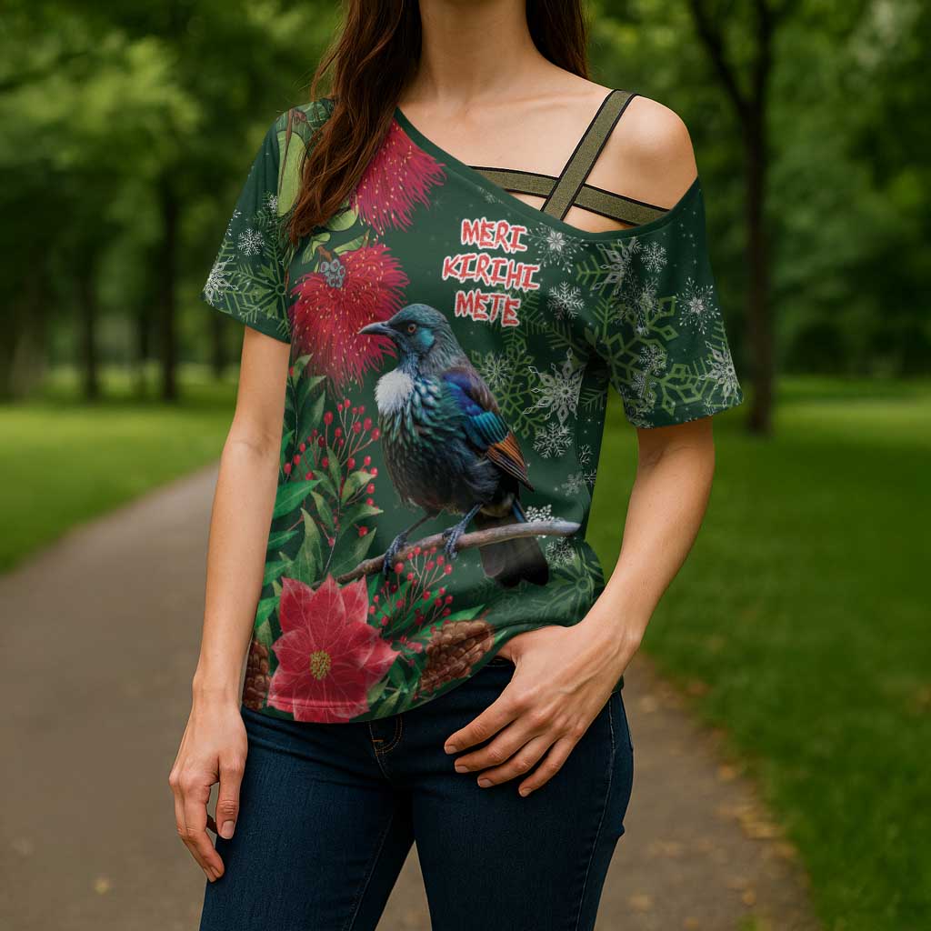 Tui Meri Kirihimete Personalised Cross Shoulder Shirt Pohutukawa Flowers Green Motif - Aussie Hoodie