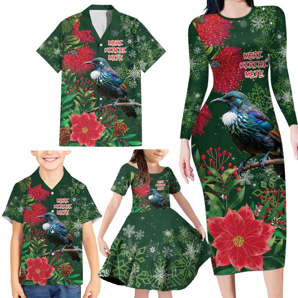 Tui Meri Kirihimete Personalised Family Matching Long Sleeve Bodycon Dress and Hawaiian Shirt Pohutukawa Flowers Green Motif - Aussie Hoodie