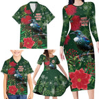 Tui Meri Kirihimete Personalised Family Matching Long Sleeve Bodycon Dress and Hawaiian Shirt Pohutukawa Flowers Green Motif - Aussie Hoodie