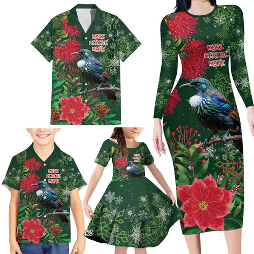 Tui Meri Kirihimete Personalised Family Matching Long Sleeve Bodycon Dress and Hawaiian Shirt Pohutukawa Flowers Green Motif - Aussie Hoodie