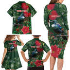 Tui Meri Kirihimete Personalised Family Matching Long Sleeve Bodycon Dress and Hawaiian Shirt Pohutukawa Flowers Green Motif - Aussie Hoodie