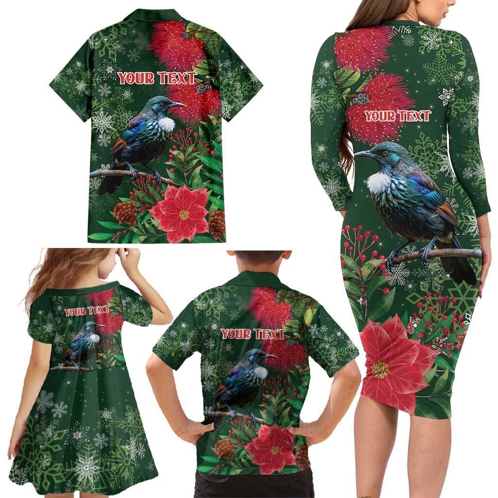 Tui Meri Kirihimete Personalised Family Matching Long Sleeve Bodycon Dress and Hawaiian Shirt Pohutukawa Flowers Green Motif - Aussie Hoodie