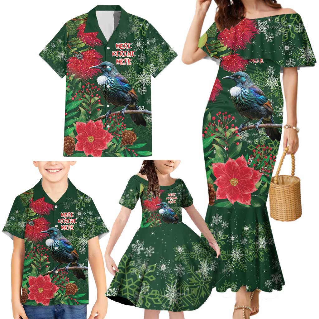 Tui Meri Kirihimete Personalised Family Matching Mermaid Dress and Hawaiian Shirt Pohutukawa Flowers Green Motif - Aussie Hoodie