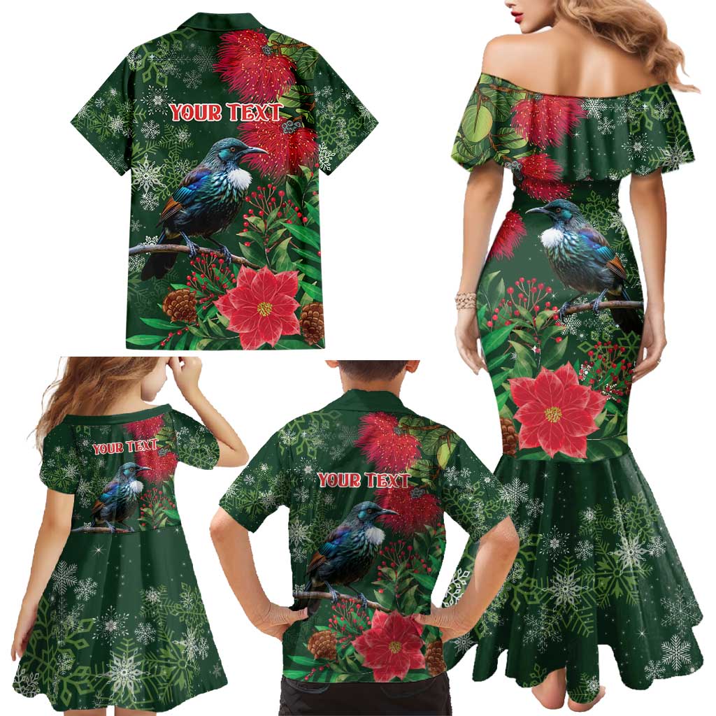 Tui Meri Kirihimete Personalised Family Matching Mermaid Dress and Hawaiian Shirt Pohutukawa Flowers Green Motif - Aussie Hoodie