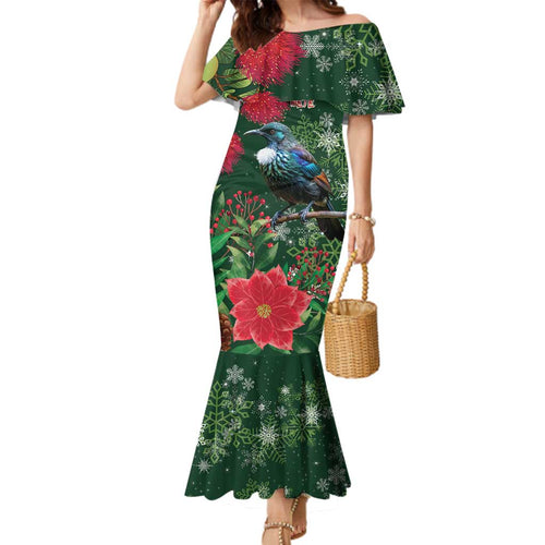 Tui Meri Kirihimete Personalised Family Matching Mermaid Dress and Hawaiian Shirt Pohutukawa Flowers Green Motif - Aussie Hoodie