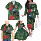 Tui Meri Kirihimete Personalised Family Matching Off The Shoulder Long Sleeve Dress and Hawaiian Shirt Pohutukawa Flowers Green Motif - Aussie Hoodie