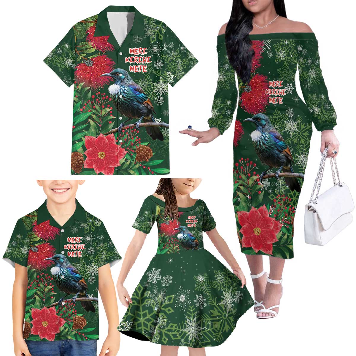 Tui Meri Kirihimete Personalised Family Matching Off The Shoulder Long Sleeve Dress and Hawaiian Shirt Pohutukawa Flowers Green Motif - Aussie Hoodie