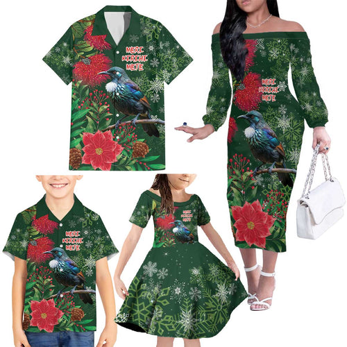 Tui Meri Kirihimete Personalised Family Matching Off The Shoulder Long Sleeve Dress and Hawaiian Shirt Pohutukawa Flowers Green Motif - Aussie Hoodie