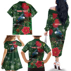 Tui Meri Kirihimete Personalised Family Matching Off The Shoulder Long Sleeve Dress and Hawaiian Shirt Pohutukawa Flowers Green Motif - Aussie Hoodie