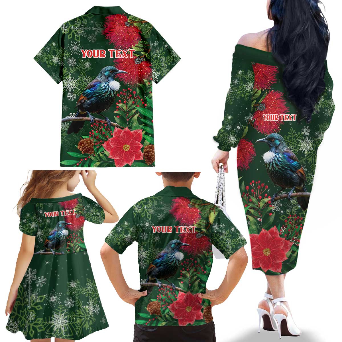 Tui Meri Kirihimete Personalised Family Matching Off The Shoulder Long Sleeve Dress and Hawaiian Shirt Pohutukawa Flowers Green Motif - Aussie Hoodie