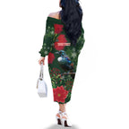 Tui Meri Kirihimete Personalised Family Matching Off The Shoulder Long Sleeve Dress and Hawaiian Shirt Pohutukawa Flowers Green Motif - Aussie Hoodie