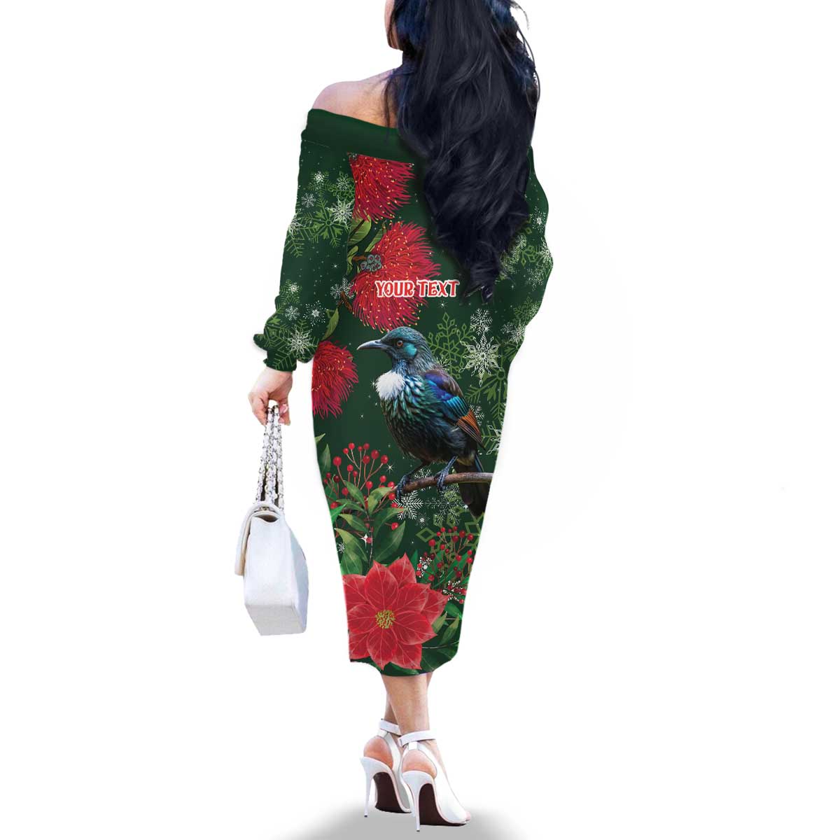 Tui Meri Kirihimete Personalised Family Matching Off The Shoulder Long Sleeve Dress and Hawaiian Shirt Pohutukawa Flowers Green Motif - Aussie Hoodie