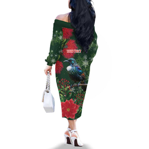 Tui Meri Kirihimete Personalised Family Matching Off The Shoulder Long Sleeve Dress and Hawaiian Shirt Pohutukawa Flowers Green Motif - Aussie Hoodie