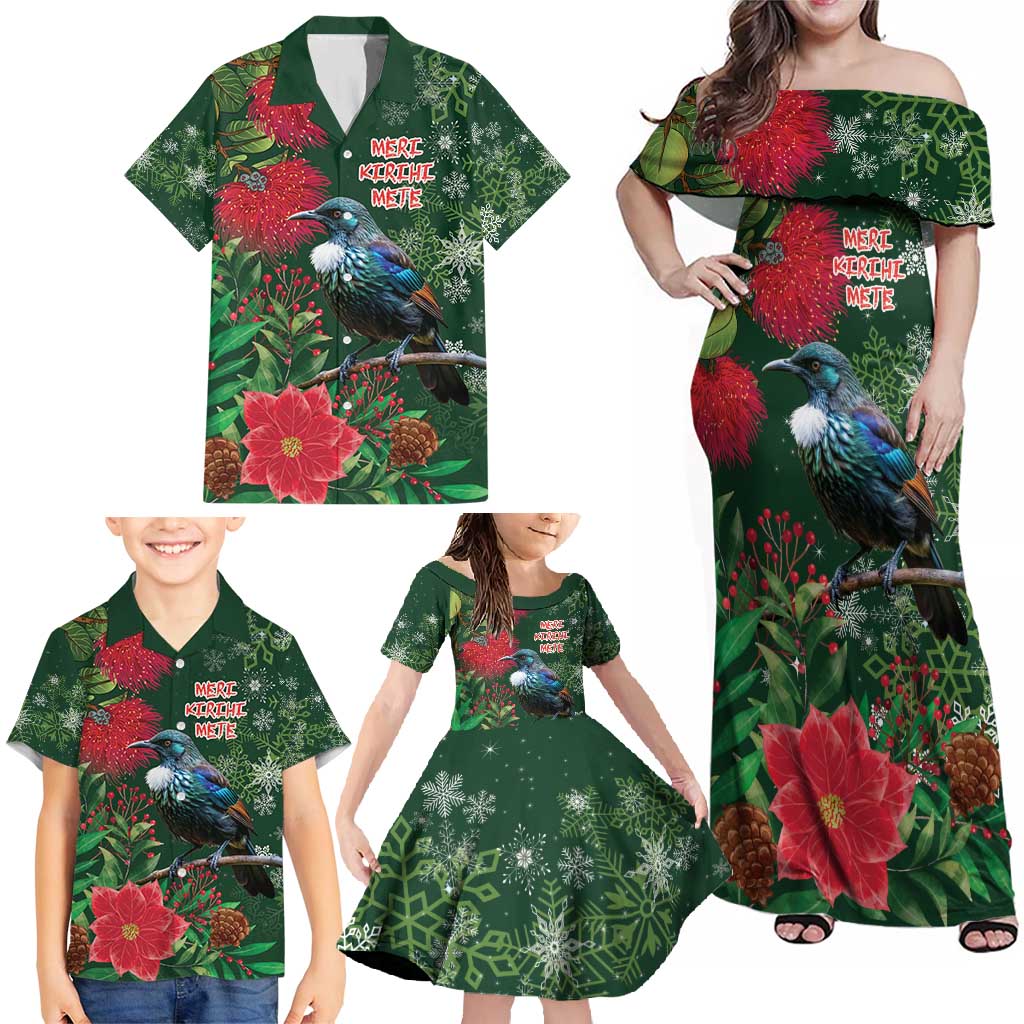 Tui Meri Kirihimete Personalised Family Matching Off Shoulder Maxi Dress and Hawaiian Shirt Pohutukawa Flowers Green Motif - Aussie Hoodie