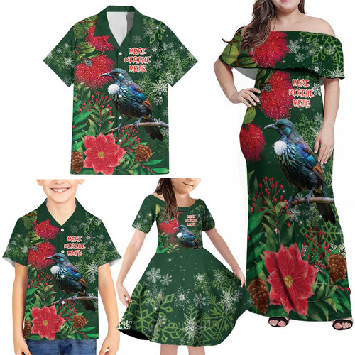 Tui Meri Kirihimete Personalised Family Matching Off Shoulder Maxi Dress and Hawaiian Shirt Pohutukawa Flowers Green Motif - Aussie Hoodie