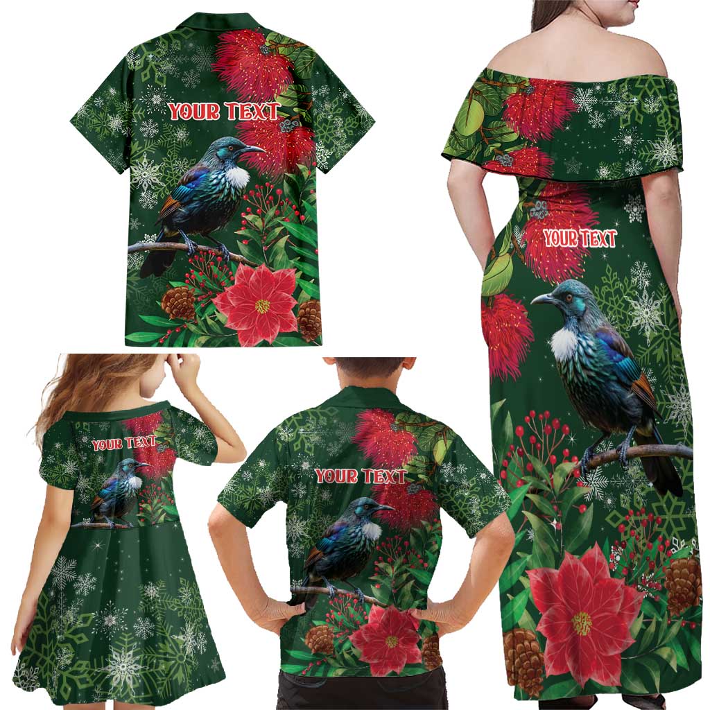 Tui Meri Kirihimete Personalised Family Matching Off Shoulder Maxi Dress and Hawaiian Shirt Pohutukawa Flowers Green Motif - Aussie Hoodie
