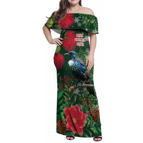 Tui Meri Kirihimete Personalised Family Matching Off Shoulder Maxi Dress and Hawaiian Shirt Pohutukawa Flowers Green Motif - Aussie Hoodie