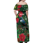 Tui Meri Kirihimete Personalised Family Matching Off Shoulder Maxi Dress and Hawaiian Shirt Pohutukawa Flowers Green Motif - Aussie Hoodie