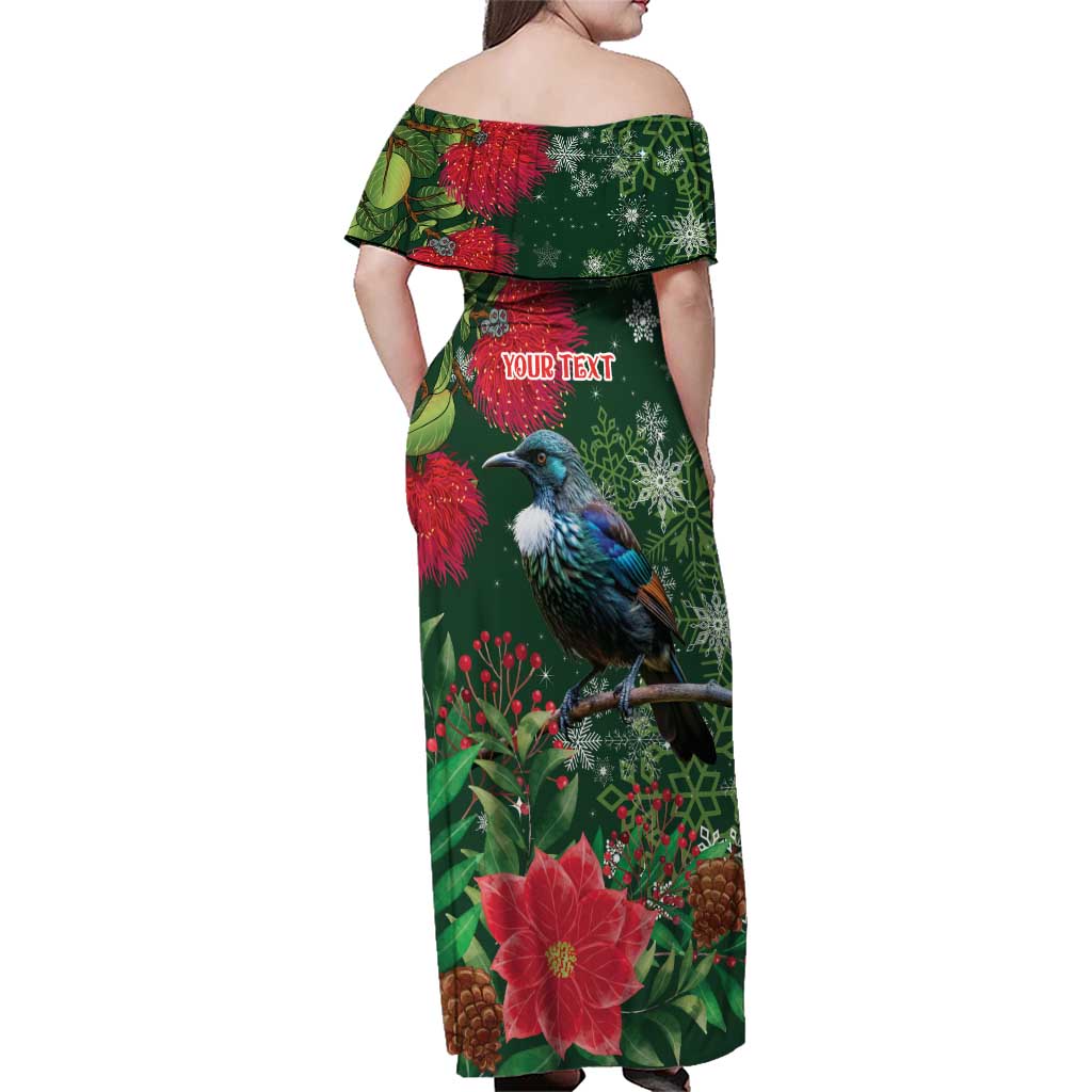 Tui Meri Kirihimete Personalised Family Matching Off Shoulder Maxi Dress and Hawaiian Shirt Pohutukawa Flowers Green Motif - Aussie Hoodie