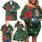 Tui Meri Kirihimete Personalised Family Matching Off Shoulder Short Dress and Hawaiian Shirt Pohutukawa Flowers Green Motif - Aussie Hoodie