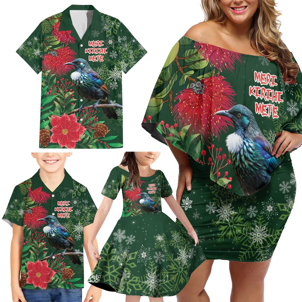 Tui Meri Kirihimete Personalised Family Matching Off Shoulder Short Dress and Hawaiian Shirt Pohutukawa Flowers Green Motif - Aussie Hoodie