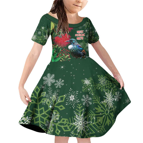 Tui Meri Kirihimete Personalised Family Matching Off Shoulder Short Dress and Hawaiian Shirt Pohutukawa Flowers Green Motif - Aussie Hoodie