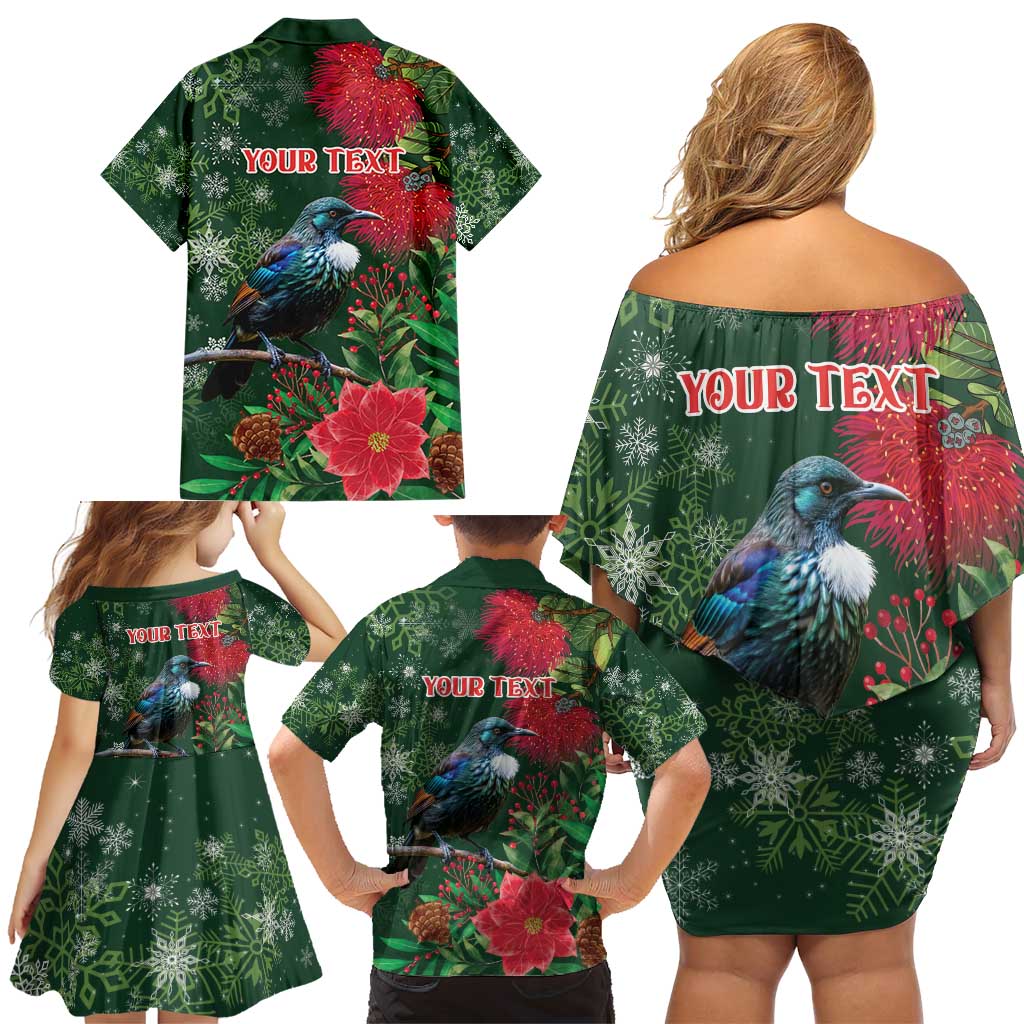 Tui Meri Kirihimete Personalised Family Matching Off Shoulder Short Dress and Hawaiian Shirt Pohutukawa Flowers Green Motif - Aussie Hoodie