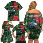 Tui Meri Kirihimete Personalised Family Matching Off Shoulder Short Dress and Hawaiian Shirt Pohutukawa Flowers Green Motif - Aussie Hoodie