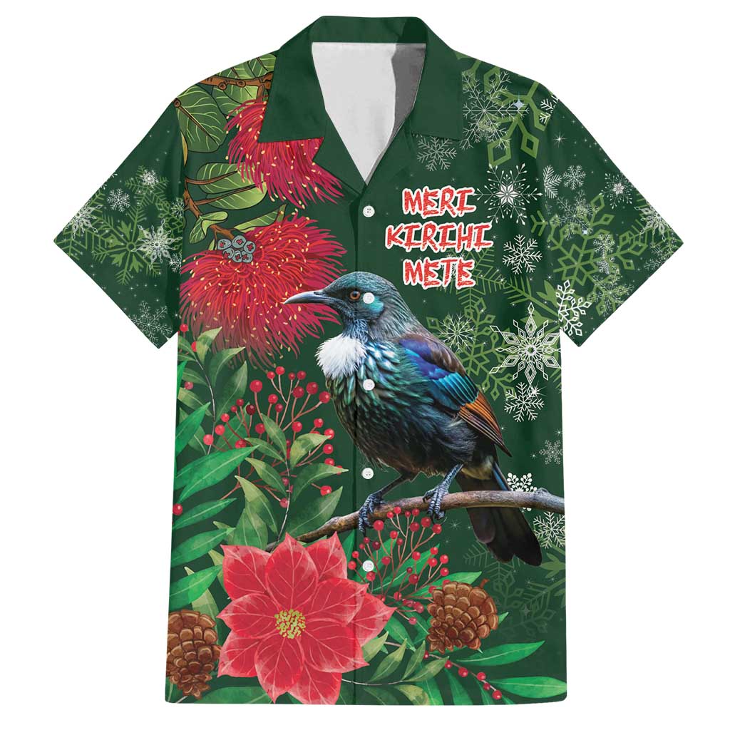 Tui Meri Kirihimete Personalised Family Matching Off Shoulder Short Dress and Hawaiian Shirt Pohutukawa Flowers Green Motif - Aussie Hoodie