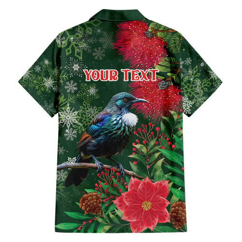 Tui Meri Kirihimete Personalised Family Matching Off Shoulder Short Dress and Hawaiian Shirt Pohutukawa Flowers Green Motif - Aussie Hoodie
