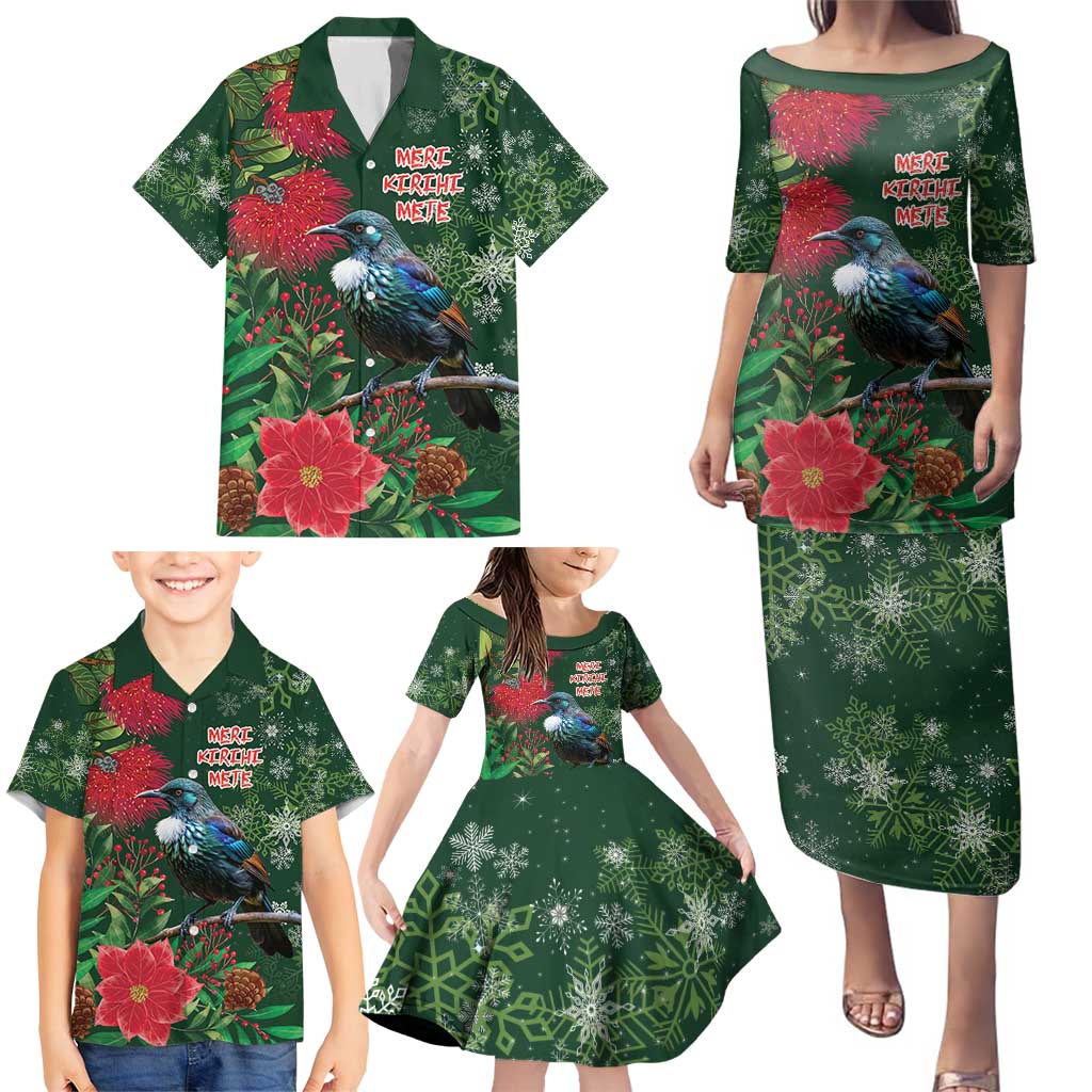 Tui Meri Kirihimete Personalised Family Matching Puletasi and Hawaiian Shirt Pohutukawa Flowers Green Motif - Aussie Hoodie