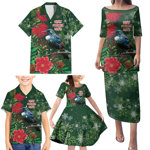 Tui Meri Kirihimete Personalised Family Matching Puletasi and Hawaiian Shirt Pohutukawa Flowers Green Motif - Aussie Hoodie