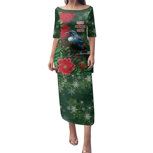 Tui Meri Kirihimete Personalised Family Matching Puletasi and Hawaiian Shirt Pohutukawa Flowers Green Motif - Aussie Hoodie