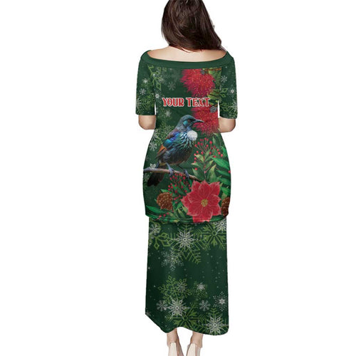 Tui Meri Kirihimete Personalised Family Matching Puletasi and Hawaiian Shirt Pohutukawa Flowers Green Motif - Aussie Hoodie