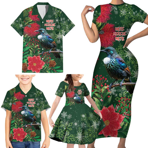Tui Meri Kirihimete Personalised Family Matching Short Sleeve Bodycon Dress and Hawaiian Shirt Pohutukawa Flowers Green Motif - Aussie Hoodie