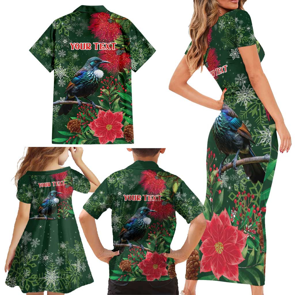 Tui Meri Kirihimete Personalised Family Matching Short Sleeve Bodycon Dress and Hawaiian Shirt Pohutukawa Flowers Green Motif - Aussie Hoodie