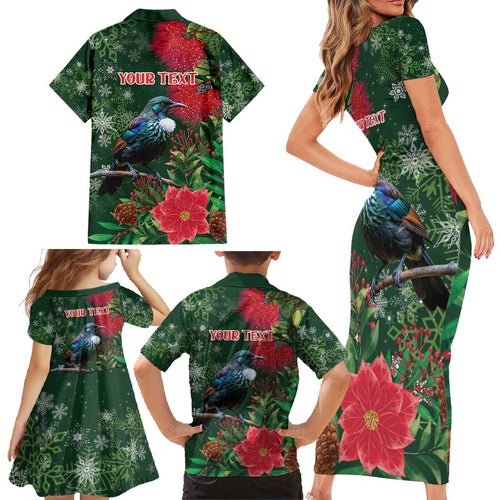 Tui Meri Kirihimete Personalised Family Matching Short Sleeve Bodycon Dress and Hawaiian Shirt Pohutukawa Flowers Green Motif - Aussie Hoodie